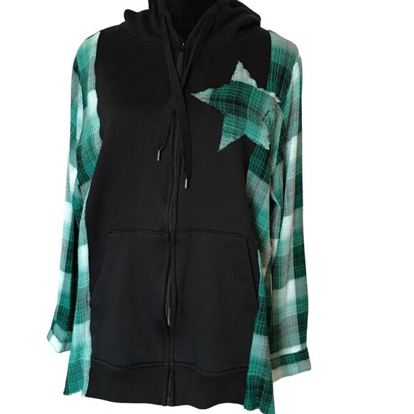 Upcycled Patchwork Jacket, M-L: Flannel Hoodie Sweatshirt, Green Plaid, Star - Picture 6 of 11